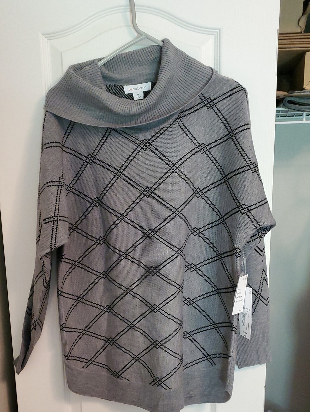 Liz Claiborne Gray Cowl Neck Diamond-Grid Sweater